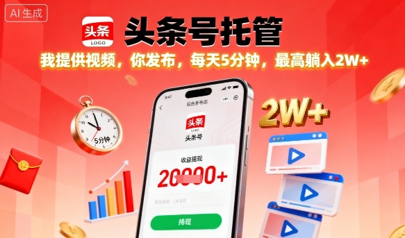 【头条号托管】我提供视频，你发布，每天5分钟，最高躺入2W+【揭秘】小淇云库-创业网-网赚副业-网创副业-项目拆解-技术类创业资源网-副业网-免费资源下载小淇云库