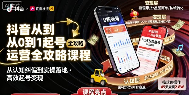 抖音从0到1起号运营全攻略课程，从认知纠偏到实操落地，高效起号变现小淇云库-创业网-网赚副业-网创副业-项目拆解-技术类创业资源网-副业网-免费资源下载小淇云库