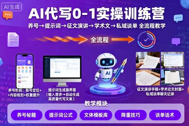 AI代写0-1实操训练营，从养号、提示词、征文演讲、学术文，到私域谈单的全流程教学小淇云库-创业网-网赚副业-网创副业-项目拆解-技术类创业资源网-副业网-免费资源下载小淇云库