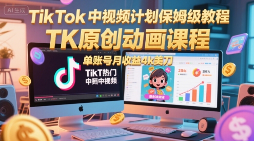 TikTok中视频计划保姆级教程，TK原创动画课程，单账号月收益4k美刀小淇云库-创业网-网赚副业-网创副业-项目拆解-技术类创业资源网-副业网-免费资源下载小淇云库