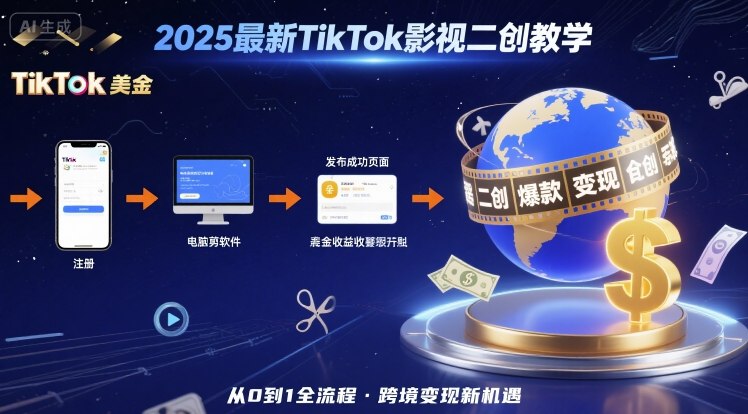 2025年最新TikTok影视二创教学，从注册到发布撸美金全流程，跨境变现新机遇小淇云库-创业网-网赚副业-网创副业-项目拆解-技术类创业资源网-副业网-免费资源下载小淇云库