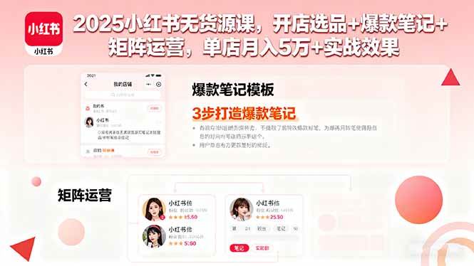 （16024期）2025小红书无货源课，开店选品+爆款笔记+矩阵运营，单店月入5万+实战效果小淇云库-创业网-网赚副业-网创副业-项目拆解-技术类创业资源网-副业网-免费资源下载小淇云库