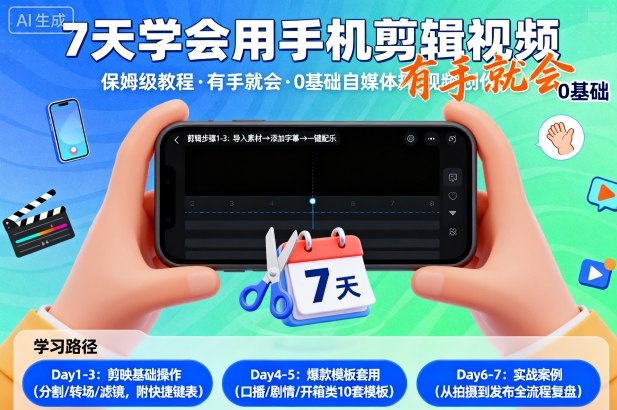 7天学会用手机剪辑视，保姆级教程，有手就会，0基础自媒体短视频创作教程小淇云库-创业网-网赚副业-网创副业-项目拆解-技术类创业资源网-副业网-免费资源下载小淇云库