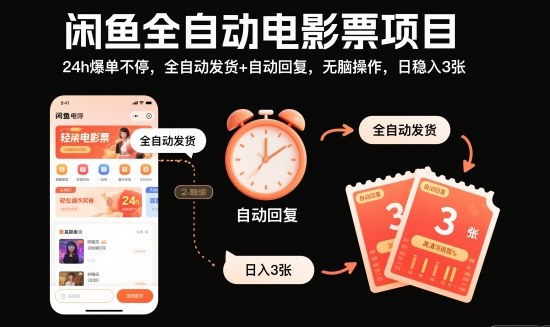 闲鱼全自动电影票项目，24h爆单不停，全自动发货+自动回复，无脑操作，日稳入3张【揭秘】小淇云库-创业网-网赚副业-网创副业-项目拆解-技术类创业资源网-副业网-免费资源下载小淇云库