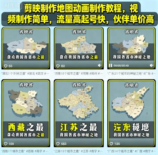 剪映制作地图动画制作教程，视频制作简单，流量高起号快，伙伴单价高小淇云库-创业网-网赚副业-网创副业-项目拆解-技术类创业资源网-副业网-免费资源下载小淇云库
