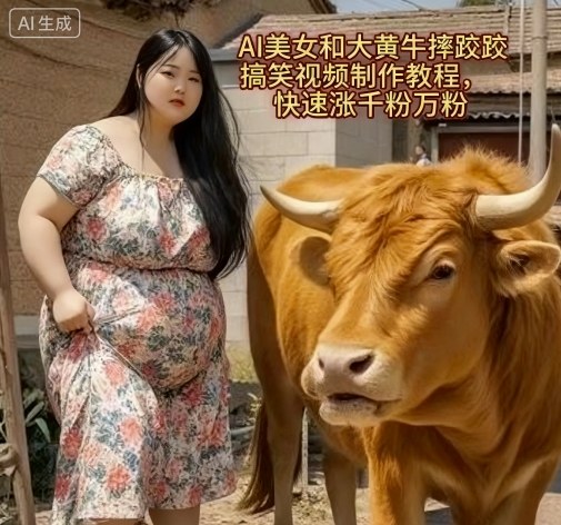 AI美女和大黄牛摔跤搞笑荒诞视频制作教程，快速涨千粉万粉小淇云库-创业网-网赚副业-网创副业-项目拆解-技术类创业资源网-副业网-免费资源下载小淇云库