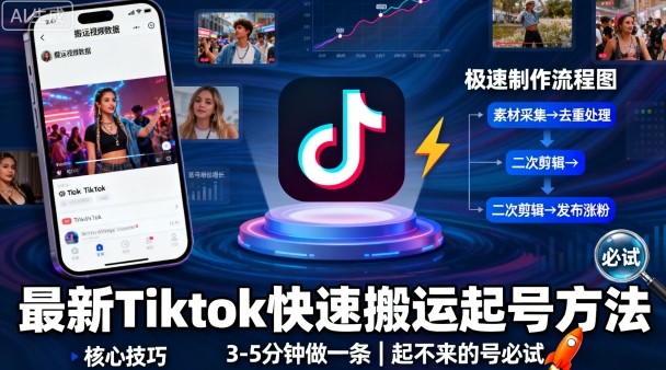 最新Tiktok快速搬运快速起号方法，3-5分钟做一条，起不来的号可以试试小淇云库-创业网-网赚副业-网创副业-项目拆解-技术类创业资源网-副业网-免费资源下载小淇云库