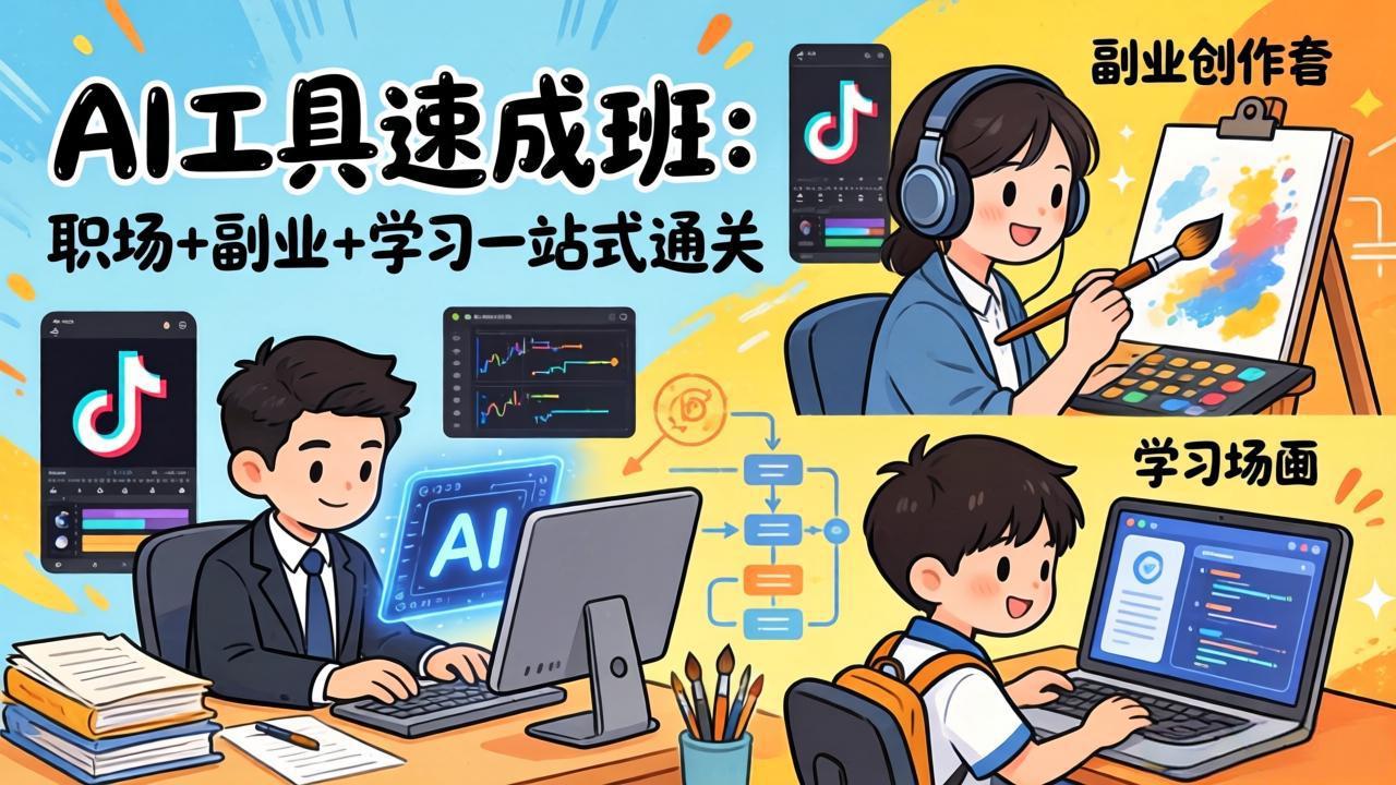 AI工具速成班：职场+副业+学习一站式通关，20+爆款类型+剪映技巧+抖音算法，0基础快速上手小淇云库-创业网-网赚副业-网创副业-项目拆解-技术类创业资源网-副业网-免费资源下载小淇云库