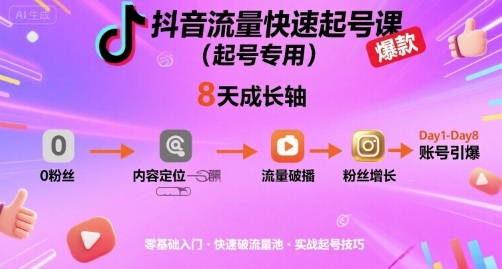 抖音流量快速起号课（起号专用），8天带你做爆自己的账号小淇云库-创业网-网赚副业-网创副业-项目拆解-技术类创业资源网-副业网-免费资源下载小淇云库