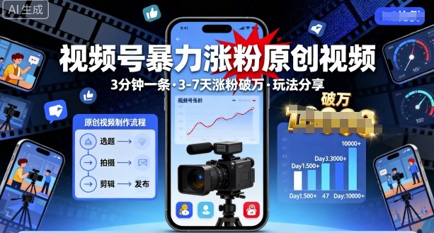 视频号暴力涨粉原创视频，3分钟一条原创视频，3-7天涨粉破万，玩法分享给你小淇云库-创业网-网赚副业-网创副业-项目拆解-技术类创业资源网-副业网-免费资源下载小淇云库