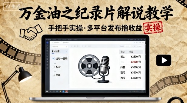 万金油之纪录片解说教学，手把手教你，完全实操，多平台发布撸收益小淇云库-创业网-网赚副业-网创副业-项目拆解-技术类创业资源网-副业网-免费资源下载小淇云库