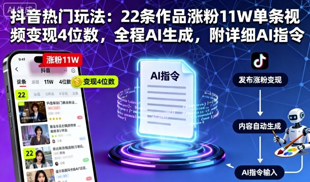 抖音热门玩法：22条作品涨粉11W单条视频变现4位数，全程AI生成，附详细AI指令小淇云库-创业网-网赚副业-网创副业-项目拆解-技术类创业资源网-副业网-免费资源下载小淇云库