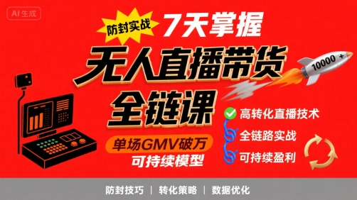 无人直播带货全链防封实战课，7天掌握高转化直播技术，实现单场GMV破万可持续模型小淇云库-创业网-网赚副业-网创副业-项目拆解-技术类创业资源网-副业网-免费资源下载小淇云库