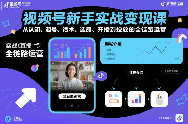 视频号新手实战变现课,从认知、起号、话术、选品、开播到投放的全链路运营小淇云库-创业网-网赚副业-网创副业-项目拆解-技术类创业资源网-副业网-免费资源下载小淇云库