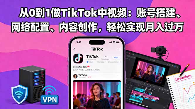 从0到1做TikTok中视频：账号搭建、网络配置、内容创作，轻松实现月入过万小淇云库-创业网-网赚副业-网创副业-项目拆解-技术类创业资源网-副业网-免费资源下载小淇云库
