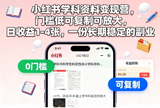 小红书学科资料变现营,门槛低可复制可放大,日收益1-4张,一份长期稳定的副业小淇云库-创业网-网赚副业-网创副业-项目拆解-技术类创业资源网-副业网-免费资源下载小淇云库
