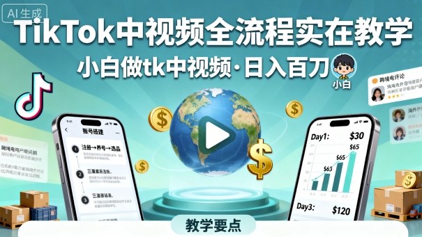 TikTok中视频全流程实操教学，小白做tk中视频，日入百刀小淇云库-创业网-网赚副业-网创副业-项目拆解-技术类创业资源网-副业网-免费资源下载小淇云库