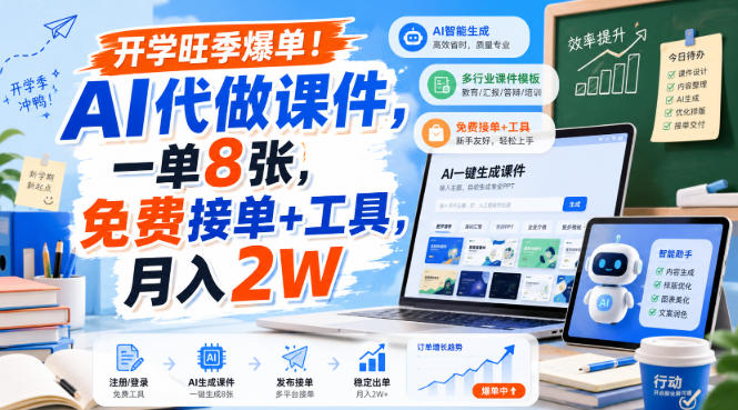 开学旺季爆单!AI代做课件,一单8张,免费接单+工具,月入2W【揭秘】-荆楚AI