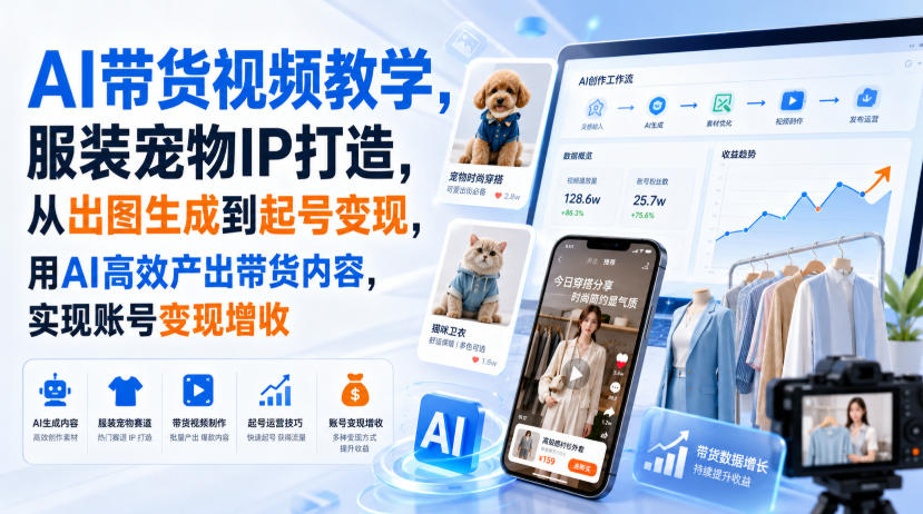 AI带货视频教学，服装宠物IP打造，从出图生成到起号变现，用AI高效产出带货内容，实现账号变现增收-荆楚AI