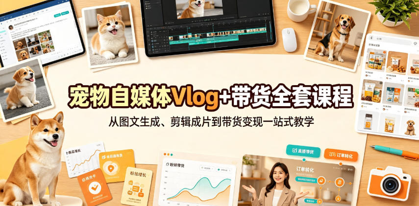 宠物自媒体Vlog+带货全套课程｜从图文生成、剪辑成片到带货变现一站式教学-荆楚AI