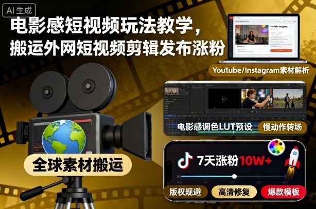 电影感短视频玩法教学，搬运外网短视频剪辑发布涨粉小淇云库-创业网-网赚副业-网创副业-项目拆解-技术类创业资源网-副业网-免费资源下载小淇云库