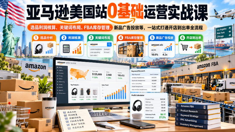 亚马逊美国站0基础运营实战课｜选品利润核算、关键词布局、FBA库存管理、新品广告投放等，一站式打通开店到出单全流程-荆楚AI