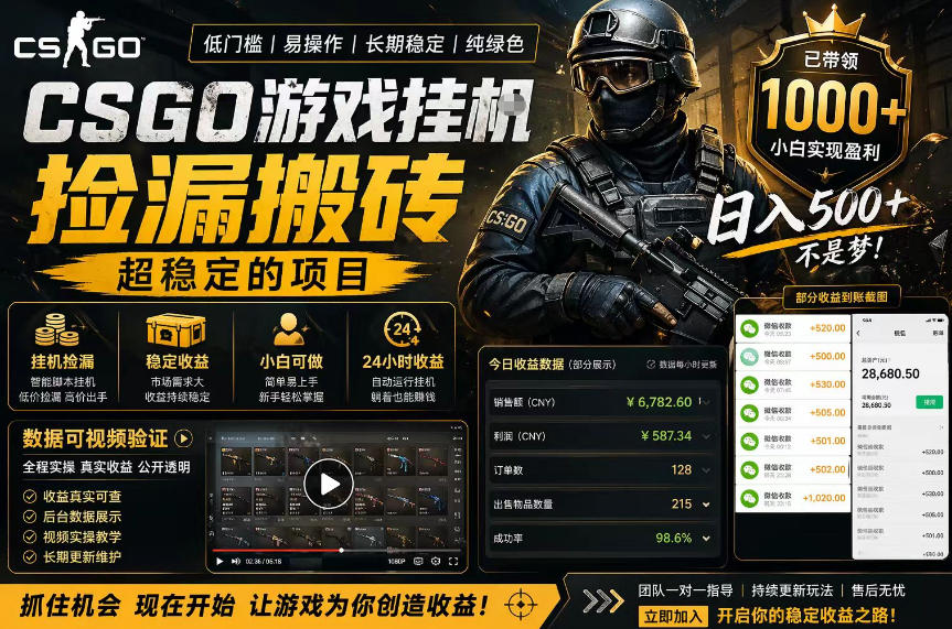 CSGO游戏搬砖，全自动挂G，不需要玩游戏，手机操作日入300+，解放双手【揭秘】-荆楚AI