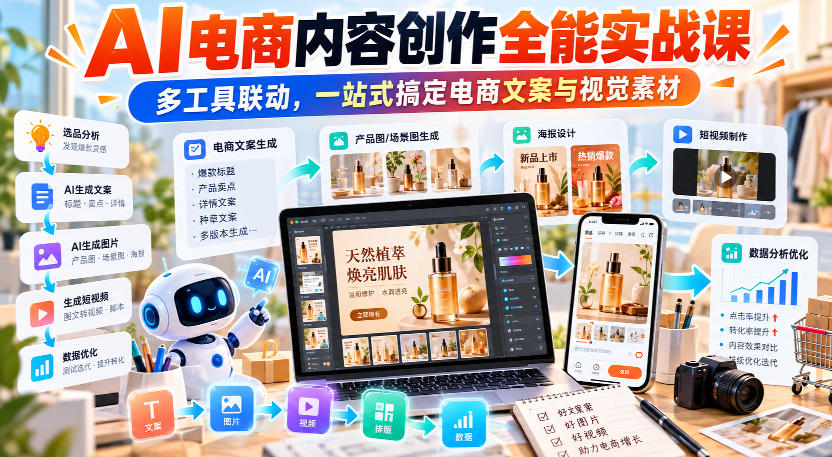 【无水印】AI电商内容创作全能实战课｜多工具联动，一站式搞定电商文案与视觉素材-荆楚AI