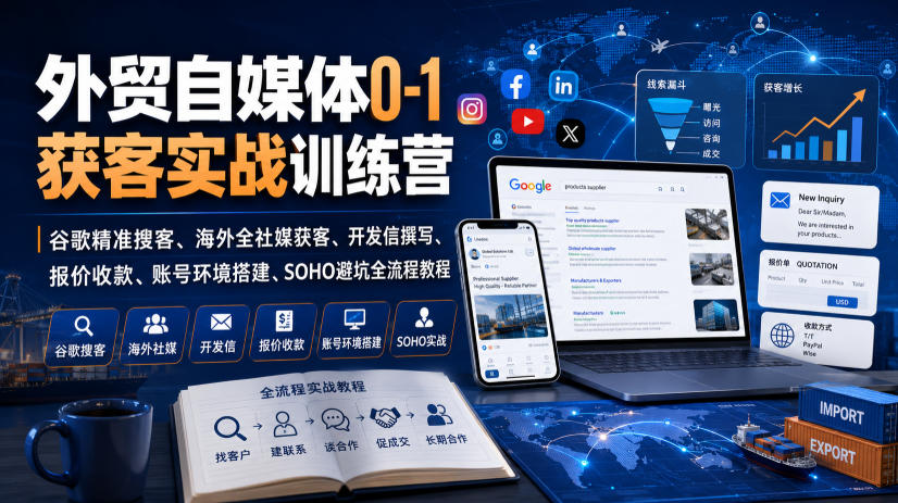 外贸自媒体0-1获客实战训练营|谷歌精准搜客、海外全社媒获客、开发信撰写、报价收款、账号环境搭建、SOHO避坑全流程教程(更新)-荆楚AI