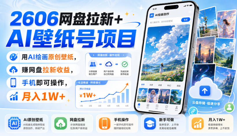 2606网盘拉新+AI壁纸号项目,用AI绘画原创壁纸,賺网盘拉新收益,手机即可操作,月入1W+-荆楚AI
