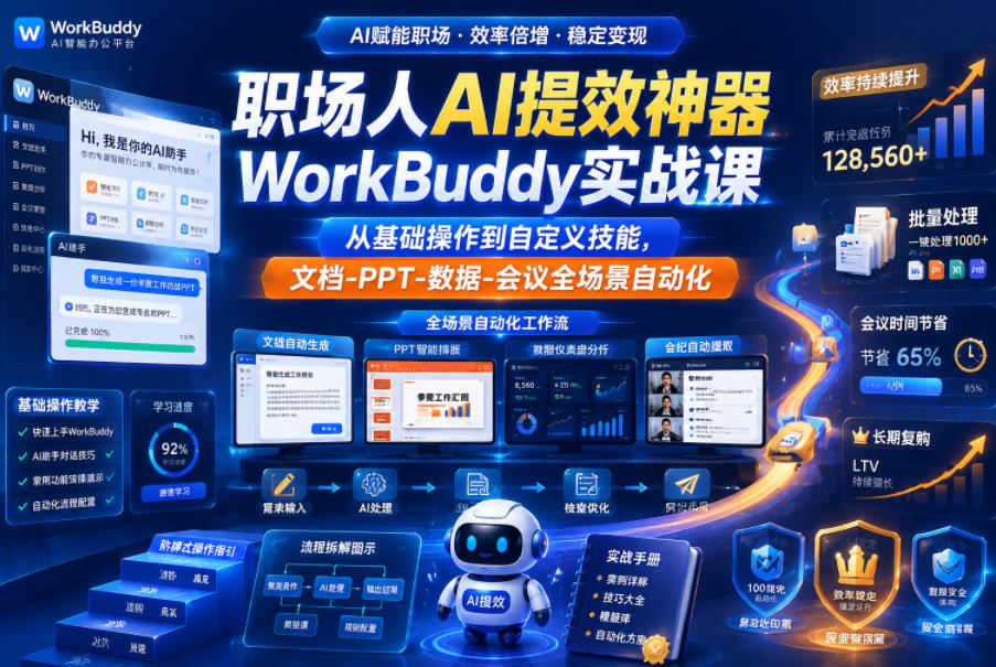 职场人AI提效神器WorkBuddy实战课，从基础操作到自定义技能，文档-PPT-数据-会议全场景自动化-荆楚AI