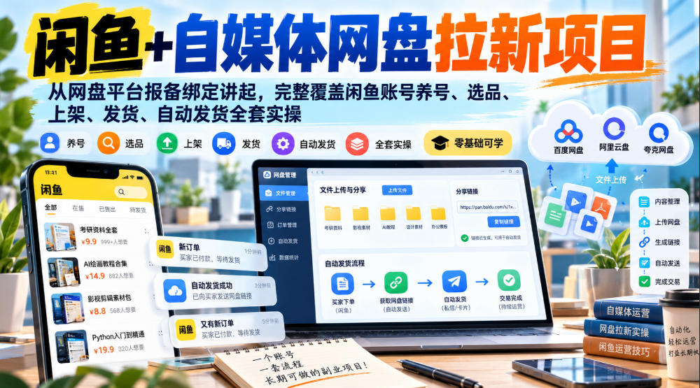 闲鱼+自媒体网盘拉新项目，从网盘平台报备绑定讲起，完整覆盖闲鱼账号养号、选品、上架、发货、自动发货全套实操-荆楚AI