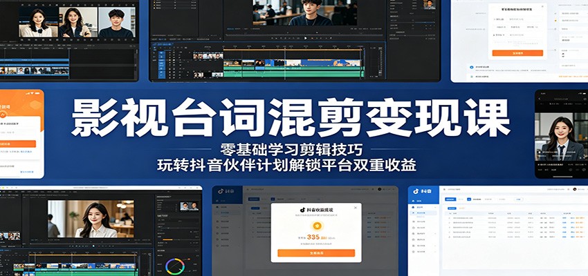 影视台词混剪变现课:零基础学习剪辑技巧,玩转抖音伙伴计划解锁平台双重收益-荆楚AI