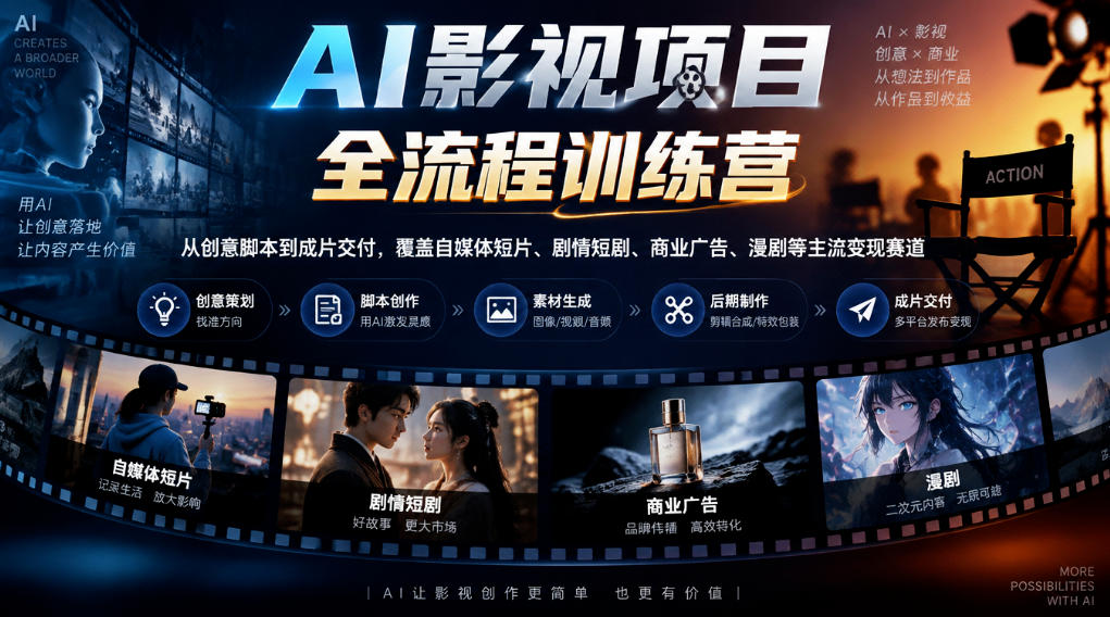 AI影视项目全流程训练营,从创意脚本到成片交付,覆盖自媒体短片、剧情短剧、商业广告、漫剧等主流变现赛道-荆楚AI