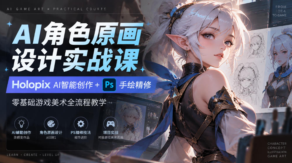 AI角色原画设计实战课|Holopix AI智能创作+PS手绘精修,零基础游戏美术全流程教学-荆楚AI
