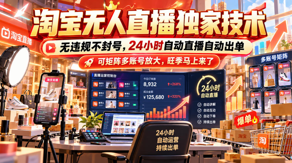 淘宝无人直播独家技术,无违规不封号,24小时自动直播自动出单,可矩阵多账号放大,旺季马上来了【揭秘】-荆楚AI