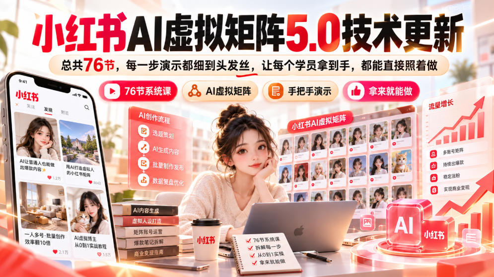 小红书AI虚拟矩阵5.0技术更新,总共76节,每一步演示都细到头发丝,让每个学员拿到手,都能直接照着做-荆楚AI