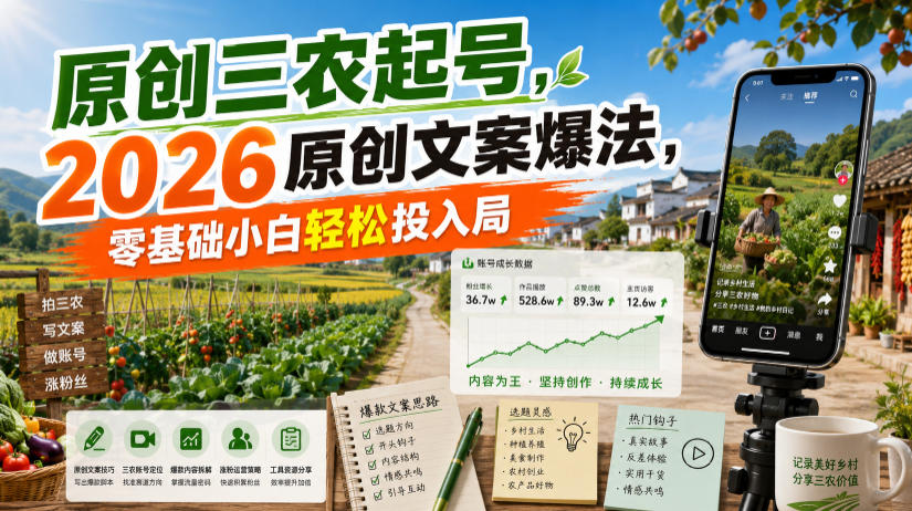 原创三农起号，2026原创文案爆法，零基础小白轻松投入局-荆楚AI