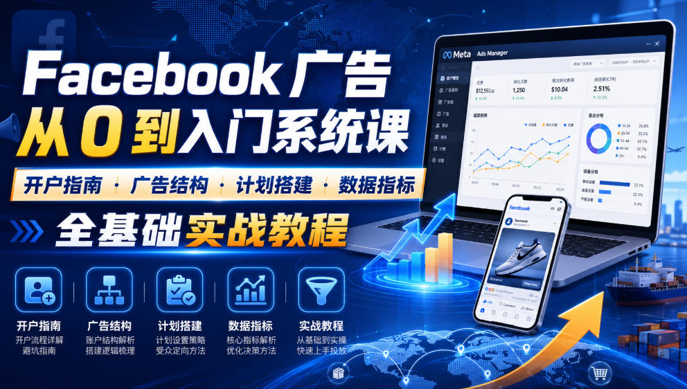 Facebook广告新手从0到入门系统课|开户指南・广告结构・计划搭建・数据指标全基础实战教程-荆楚AI