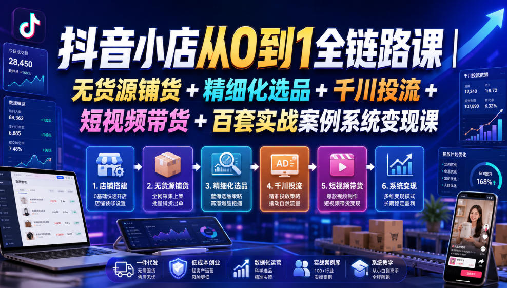 抖音小店从0到1全链路课｜无货源铺货+精细化选品+千川投流+短视频带货+百套实战案例系统变现课(2026年7月更新)-荆楚AI