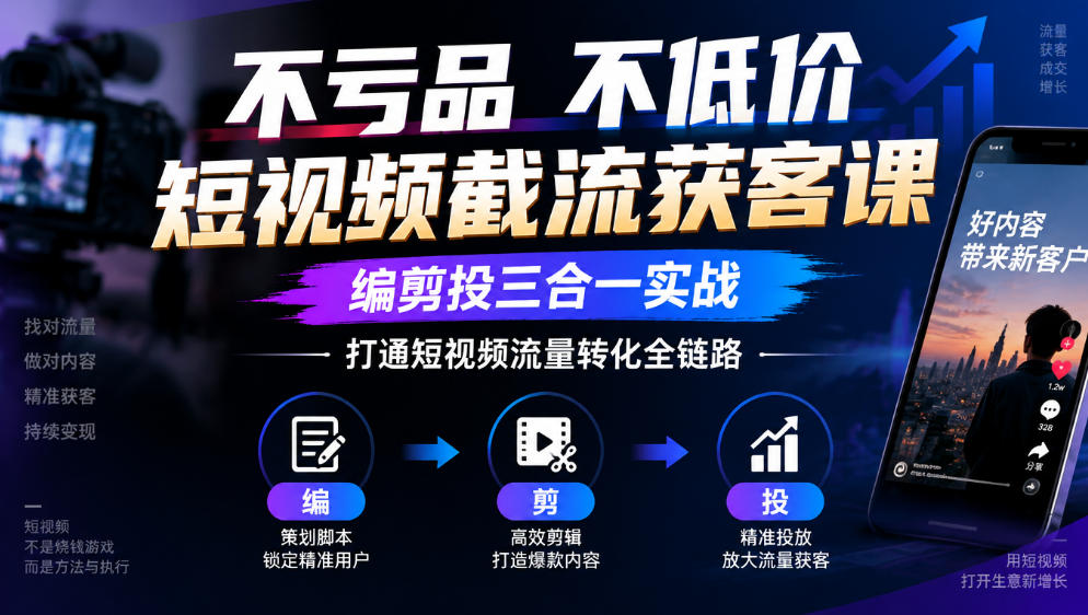 不亏品不低价短视频截流获客课,编剪投三合一实战,打通短视频流量转化全链路-荆楚AI