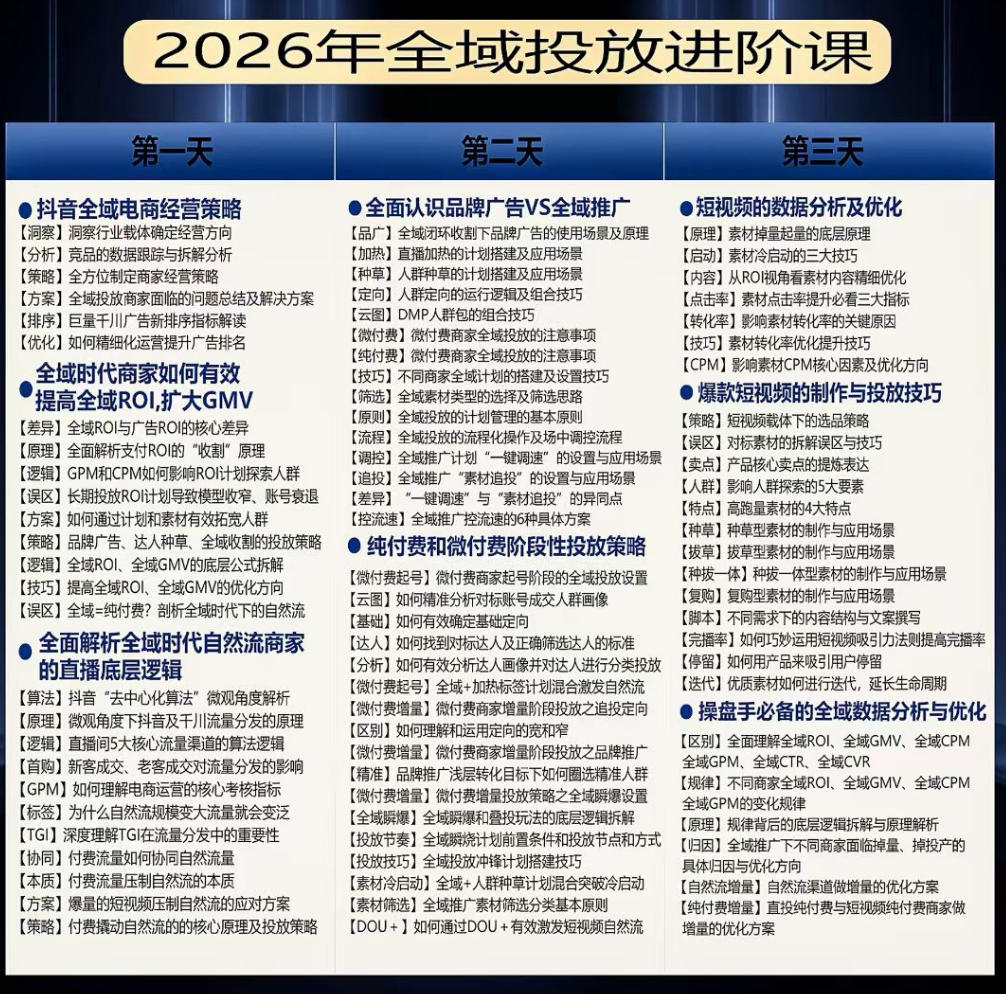 千川扫地僧2026抖音全域投放进阶课，少走弯路·快速起量·掌控增长，6月12-14号杭州线下课(更新)-荆楚AI