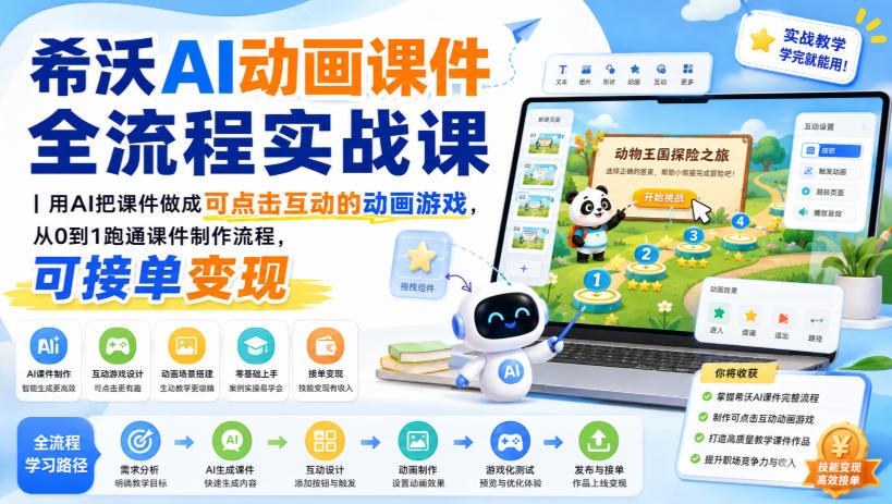 希沃AI动画课件全流程实战课｜用AI把课件做成可点击互动的动画游戏，从0到1跑通课件制作流程，可接单变现-荆楚AI