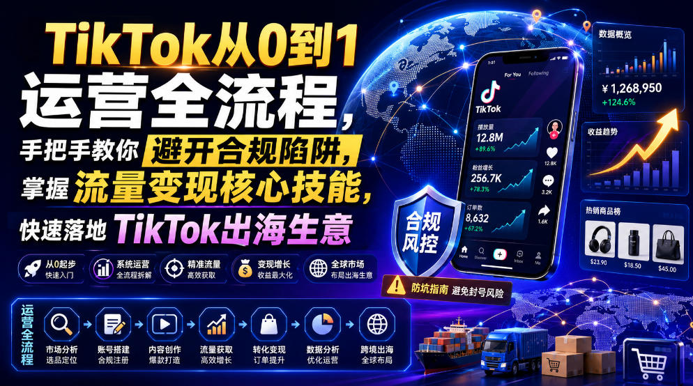 TikTok从0到1运营全流程,手把手教你避开合规陷阱,掌握流量变现核心技能,快速落地TikTok出海生意(更新8月)-荆楚AI