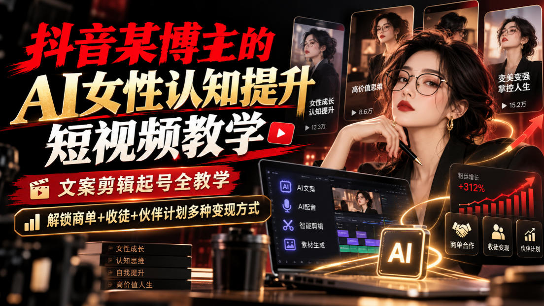 抖音某博主的Ai女性认知提升短视频教学，文案剪辑起号全教学，解锁商单+收徒+伙伴计划多种变现方式-荆楚AI