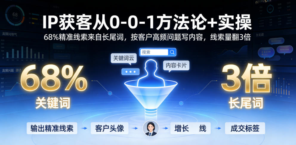 IP获客从0-1方法论+实操，68%精准线索来自长尾词，按客户高频问题写内容，线索量翻3倍-荆楚AI