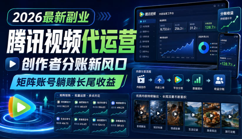 2026最新副业之腾讯视频代运营：创作者分账新风口，矩阵账号躺賺长尾收益【揭秘】-荆楚AI
