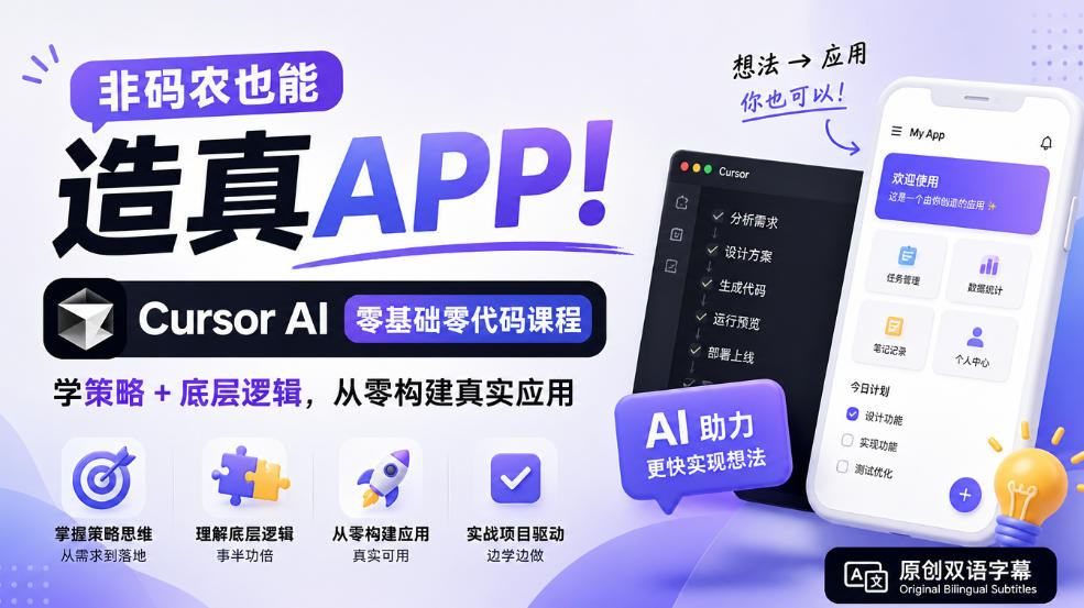 非码农也能造真APP！Cursor AI零基础零代码课程：学策略+底层逻辑，从零构建真实应用【原创双语字幕】-荆楚AI