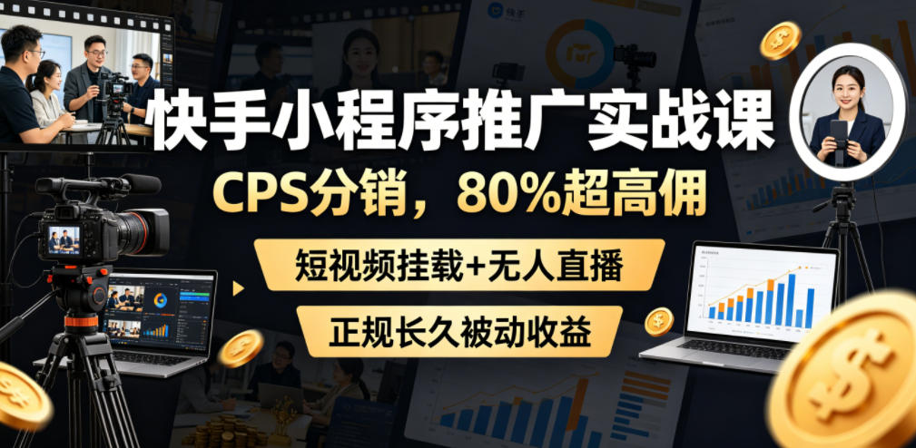 快手小程序推广实战课,CPS分销,80%超高佣,短视频挂载+无人直播,正规长久被动收益-荆楚AI