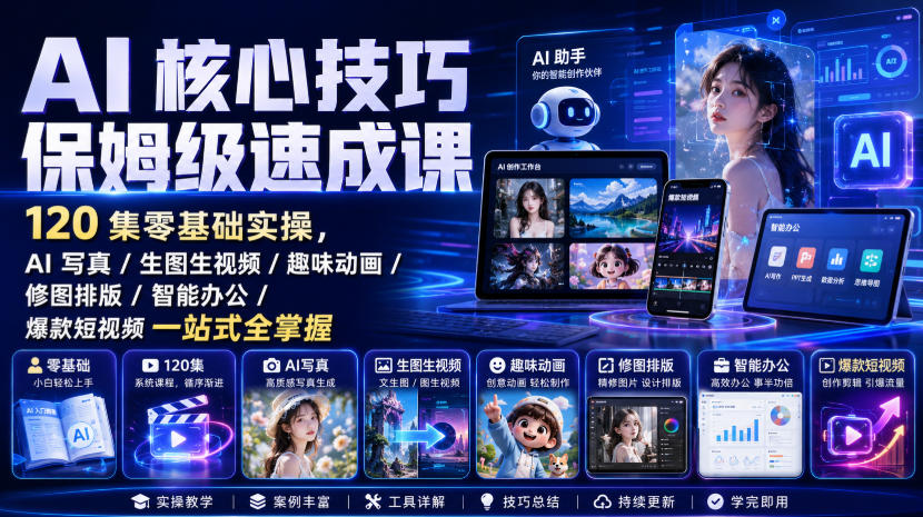 AI核心技巧保姆级速成课｜120集零基础实操，AI写真/生图生视频/趣味动画/修图排版/智能办公/爆款短视频一站式全掌握-荆楚AI
